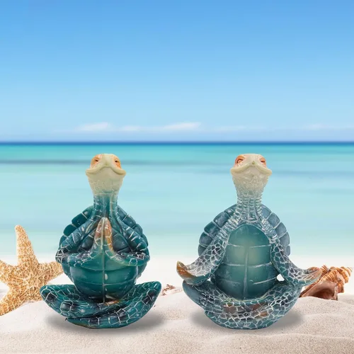 Vista 4 de Juego de 2 estatuas de tortuga de yoga de meditación, decoración de tortuga marina, decoración de habitación costera, figuras de tortuga meditadora