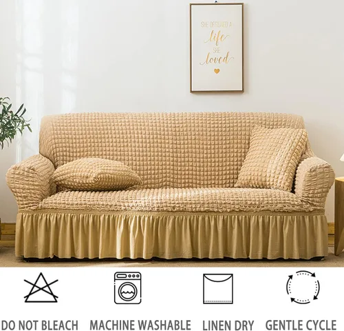 Vista 5 de Jeloris Funda Protectora Elástica para Sofá de Dos Plazas de Fácil Ajuste con Falda, Protector de Muebles Universal Duradero Lavable de Alta Beige