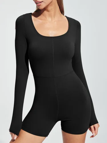 Vista 2 de AUTOMET Jumpsuits for Women Sexy One Piece Workout Shorts Rompers Long Sleeve Bodycon Unitard Bodysuit Fall Outfits 2023