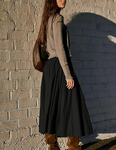 Vista 3 de Zontroldy Falda midi de moda para mujer, cintura elástica, plisada, casual, de algodón, con bolsillos