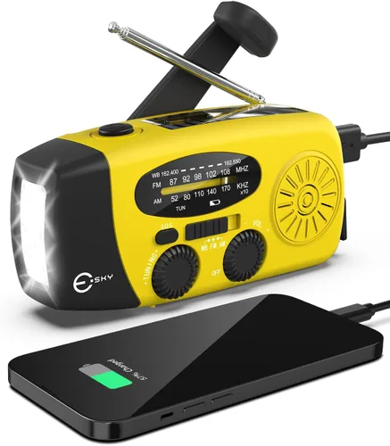 Vista 9 de Esky Radio de emergencia con manivela y 3 linternas LED, radio meteorológica portátil AM/FM/NOAA con cargador de teléfono de 2000mAh, radio
