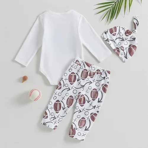 Vista 3 de Omkzanbi Ropa para bebé recién nacido, mameluco de manga larga, pantalones deportivos, sombrero, traje de otoño para el día del partido, 0-12 meses