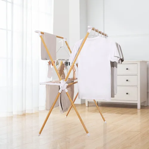 Vista 3 de BAOYOUNI Estante plegable para secar ropa con estante para toallas de lavandería, soporte en forma de X, ajustable, doble poste, organizador
