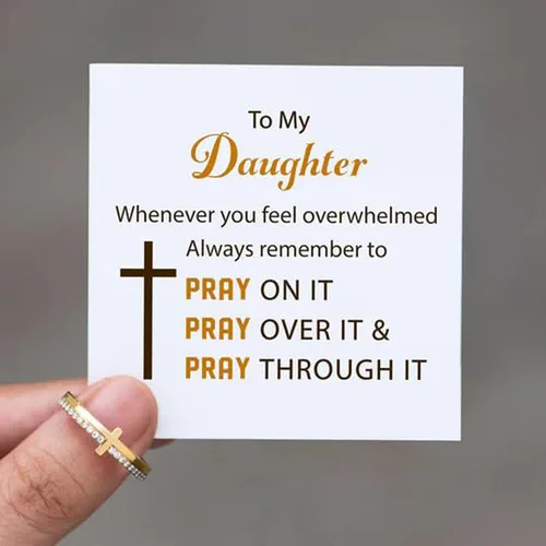 Vista 6 de Angyape Anillo de cruz dorada con texto en inglés "To My Daughter, Pray On It", Whenever You Feel Overwhelmed, Always Remember To Stack, Anillo