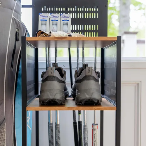 Vista 6 de Organizador de almacenamiento de golf Teal Triangle, almacenamiento gratuito para garaje resistente, contiene palos de golf, bolsas, accesorios