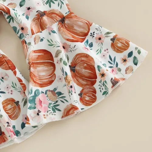 Vista 5 de Lamuusaa Traje de Halloween para bebé recién nacida, disfraz de calabaza de manga corta, enterizo con pantalones acampanados, diadema y disfraces