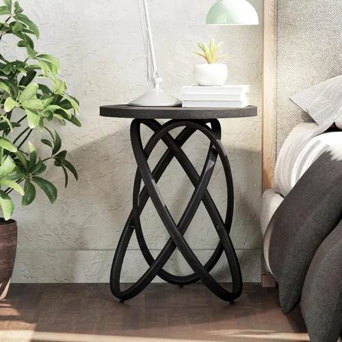 Vista 7 de COZAYH Mesa auxiliar redonda estilo granja de madera, mesa lateral rústica soporte para plantas con diseño de líneas entrelazadas para sala de Negro