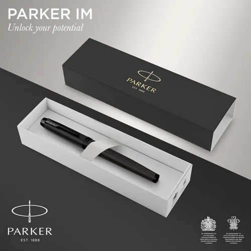 Vista 2 de Parker IM - Pluma estilográfica, negro mate, borde negro, punta media, cartucho de tinta azul, caja de regalo, perfecta para caligrafía y escritura