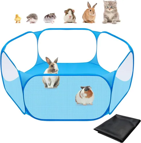 Vista 7 de Amakunft Corralito de animales pequeños 2 en 1 con almohadilla impermeable, patio de juegos portátil desplegable para conejillos de indias, conejos