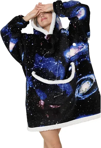 Vista 2 de Manta con capucha, sudadera de gran tamaño para adultos, mujeres y hombres, hecha de franela muy suave y cálida, con bolsillo y mangas