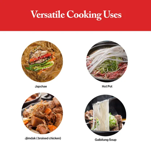 Vista 5 de Wang Fideos anchos de vidrio, fideos de vidrio coreanos de batata dulce para japchae y olla caliente, almidón de camote, sin gluten, vegano, paquete