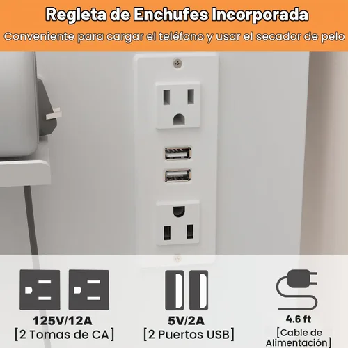 Vista 5 de FUFU&GAGA Juego de tocador con espejo rectangular, tocador de maquillaje con 5 cajones, estantes, tomacorriente eléctrica y soporte para secador