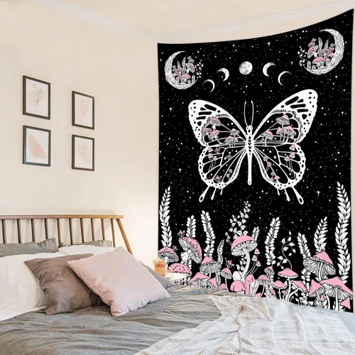 Vista 16 de LB Tapiz pequeño de mariposa colorido para colgar en la pared, diseño psicodélico de flores silvestres 3D, mariposas de fantasía floral, arte