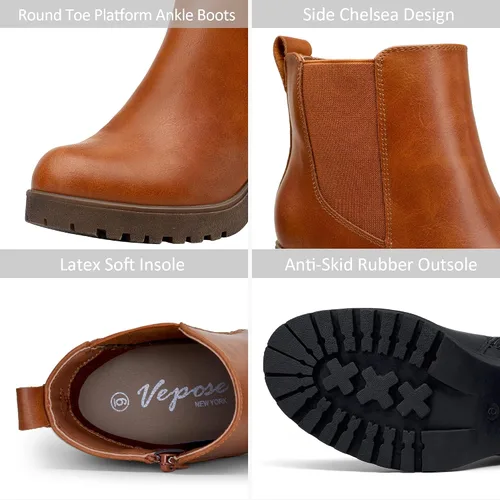 Vista 4 de Vepose Botines de moda para mujer, tacón bajo grueso, plataforma Chelsea para mujer