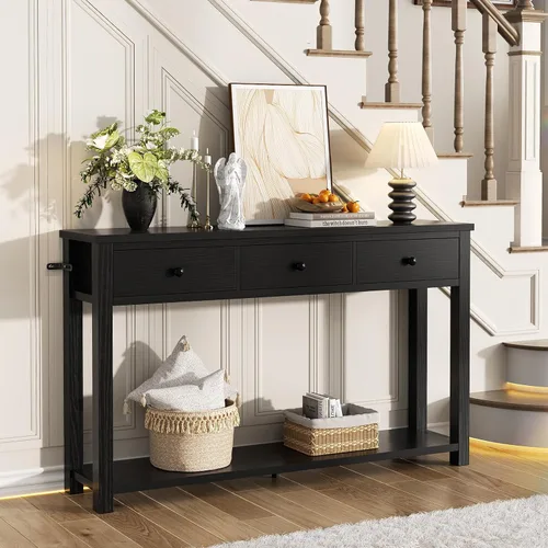 Vista 6 de Homieasy Mesa consola de granja con 3 cajones, mesa de sofá de madera de 47 pulgadas con estante de almacenamiento para sala de estar, detrás