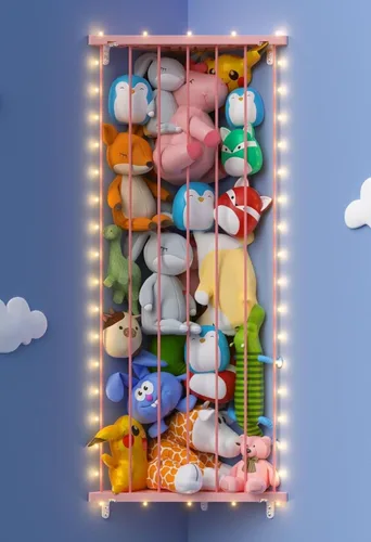 Vista 10 de Red de almacenamiento de animales de peluche de esquina – Soporte para animales de peluche con luces – Organizador de felpa colgante hamaca de Azul