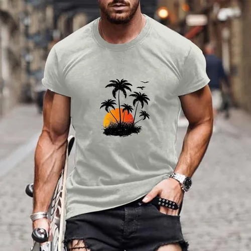 Vista 2 de Muscularfit Mens Shirts Casual Stylish Short Sleeve Crew Neck Palm Tree Graphic Tees Loose Sport Big and Tall Muscle Shirt