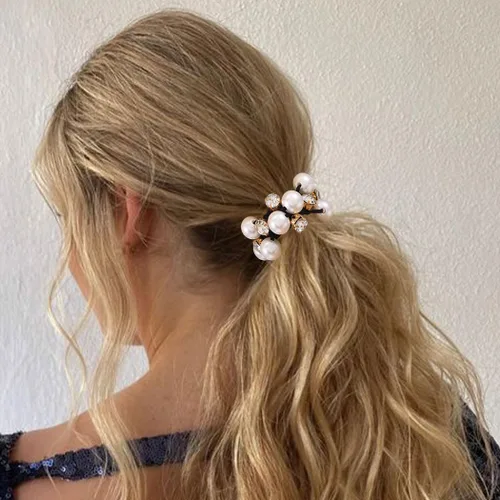 Vista 3 de Brinie Lazos para el cabello con perlas negras, coleteros elásticos de cristal para el cabello, accesorios para el cabello de perlas para mujeres