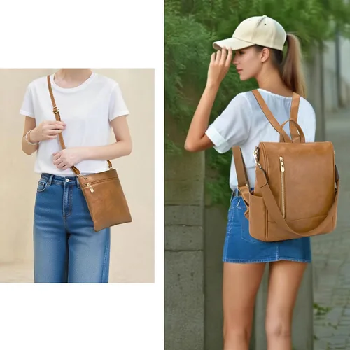 Vista 7 de Soperwillton Mochila de moda para mujer, bolso de hombro de cuero antirrobo, bolsa de viaje, múltiples bolsillos, cartera, juego de 3 piezas