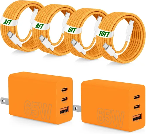 Vista 15 de USB C de carga súper rápida de 65 W para iPhone 17 16 Pro Max, bloque de carga USB C de 3 puertos de 100 W y cable trenzado tipo C de 3/6/6/10 pies