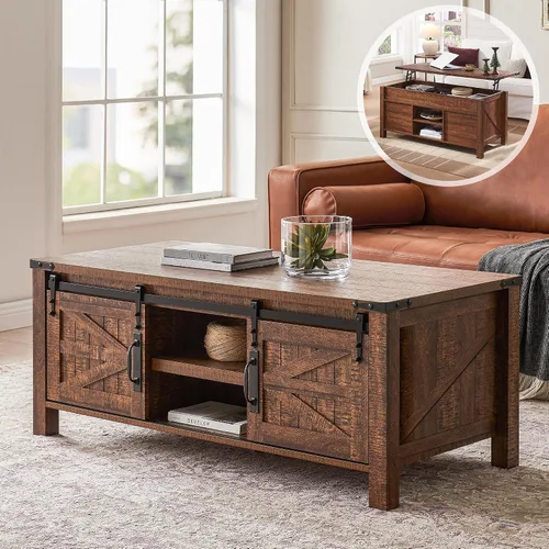 Vista 8 de OKD - Mesa de centro de granja de 48" con puerta de granero deslizante, mesa rústica con compartimento de almacenamiento oculto, superficie superior