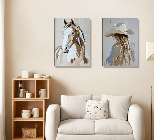 Vista 4 de 2 piezas de arte de pared enmarcado de vaquera occidental con sombrero chica vaquera y caballo, impresión en lienzo, póster, pintura al óleo