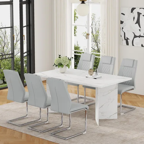 Vista 22 de Juego de mesa de comedor extensible de 63 a 79 pulgadas para 4, juego de mesa de cocina de mármol sintético blanco para 4, juego de mesa de comedor