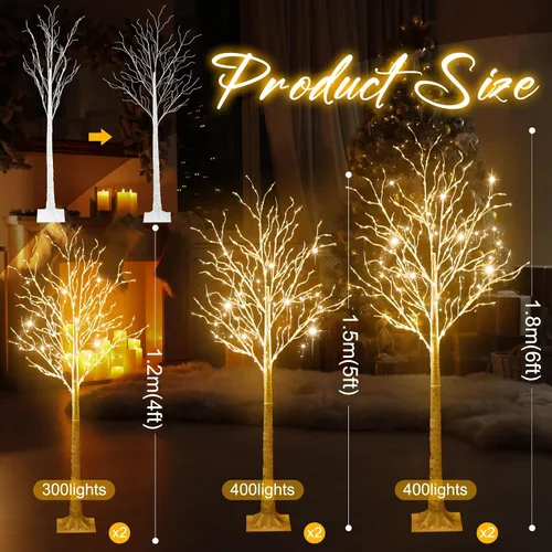 Vista 3 de Aurelema 6 piezas de árbol de abedul iluminado de 4 pies, 5 pies y 6 pies, 8 modos de Navidad, luces LED artificiales de color blanco cálido, árbol