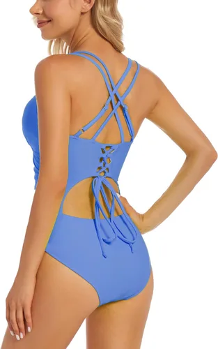 Vista 2 de Traje de baño de una pieza mejorado para mujer, trajes de baño con control de abdomen, diseño único sexy con espalda cruzada, traje de baño fruncido