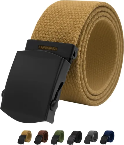 Vista 17 de Cinturón de tela de lona - Cinturón militar y de golf con hebilla negra, cintura de hasta 45 pulgadas