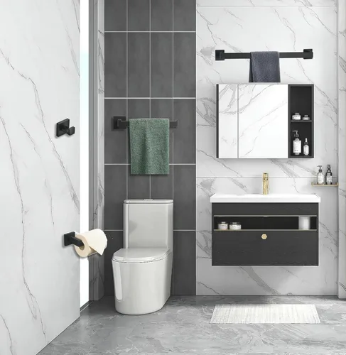 Vista 2 de Juego de accesorios de baño negro de 4 piezas, barra de toalla/soporte de papel higiénico/soporte para toallas de mano/gancho de toalla, montado