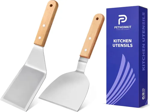 Vista 10 de Juego pequeño de espátulas de metal, mini espátulas de madera para uso en la cocina, pequeña espátula sólida de parrilla de acero inoxidable