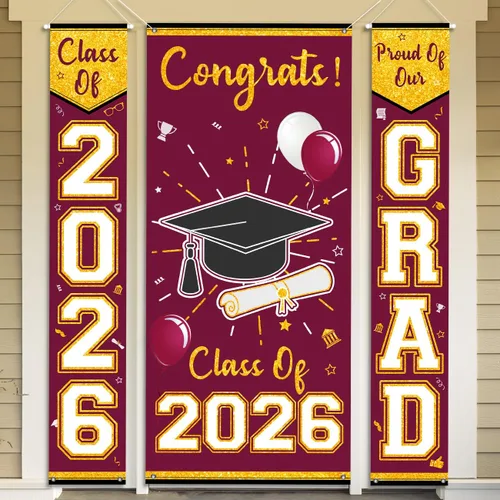 Vista 4 de Letrero de graduación granate y dorado para porche, decoración de graduación de Calss of 2026, 3 unidades, pancarta de graduación Cartel
