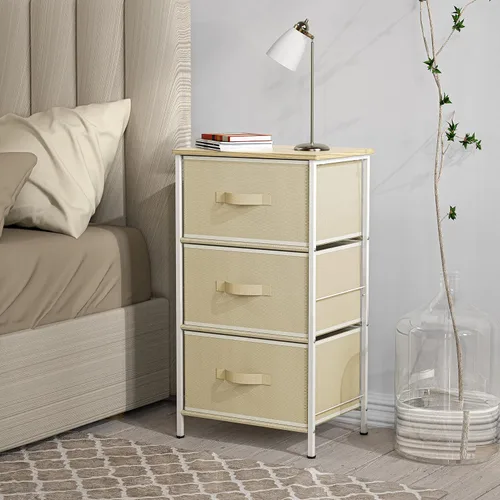 Vista 2 de Simple Houseware Cómoda mesita de noche de 3 cajones con superficie de madera, beige