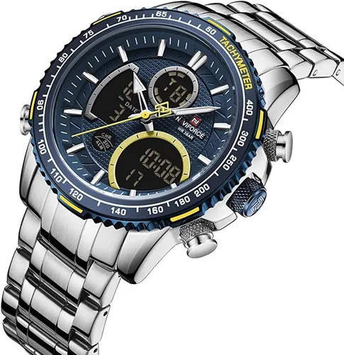 Vista 2 de NAVIFORCE Reloj digital analógico de cuarzo para hombre, de lujo, de acero inoxidable, impermeable, de moda, cronógrafo, militar, multifuncional