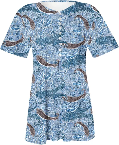 Vista 5 de Womens Vintage Printed Hide Belly Button Henley Tunics Tops Women's Short Sleeve V Neck Flowy Summer Shirts Pullover