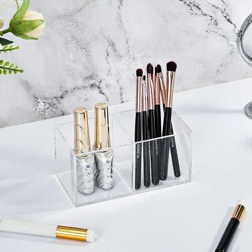 Vista 8 de Organizador de brochas de maquillaje de acrílico transparente para escritorio, cubo cuadrado, 3 piezas, soporte de almacenamiento para brochas