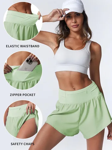 Vista 5 de FMEYOA Pantalones cortos para correr para mujer, de cintura alta, atléticos, gimnasio, yoga, pantalones cortos de entrenamiento forrados