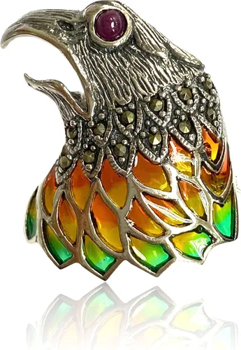 Vista 4 de Art Nouveau Style Plique a Jour Enamel Eagle Bird Pin Brooch with Ruby Eye and Marcasite Stone 925 Sterling Silver