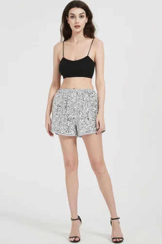 Vista 6 de Pantalones cortos de lentejuelas para mujer, talla grande, cintura alta elástica, brillante, para club, con purpurina, para fiestas, conciertos