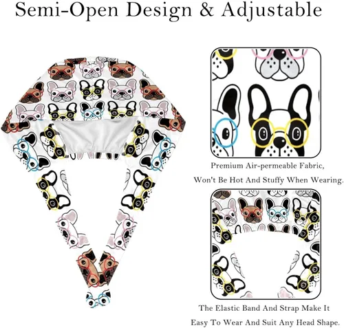Vista 3 de 2 Pcs Adjustable Working Cap with Button, French Bulldog Portrait Surgical Cap Sweatband, Tie Back Hats for Women & Men