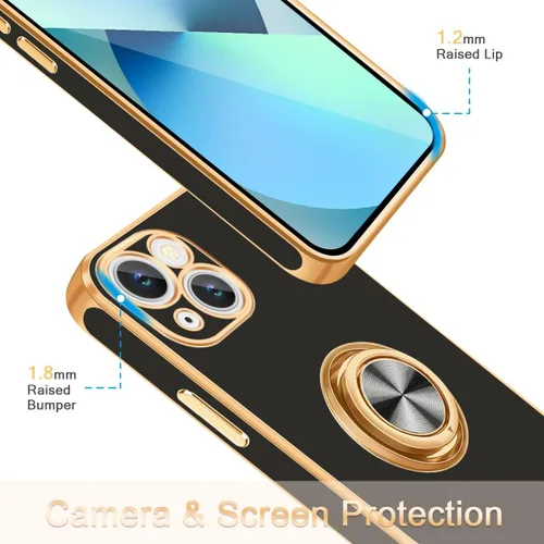 Vista 6 de Fingic - Funda para iPhone 13, soporte giratorio de 360°, soporte magnético Shiny Plating Gold Edge Slim Soft TPU Shockproof Protective Phone Case