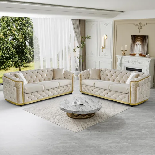 Vista 21 de Sofá Chesterfield de terciopelo de 62.5 pulgadas con respaldo copetudo y detalles dorados, beige Blanco
