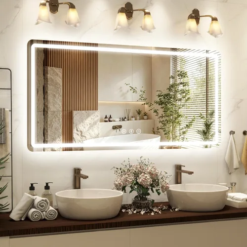 Vista 17 de Espejo de baño LED de 20 pulgadas de largo x 28 pulgadas de ancho con luces, antiniebla e iluminación tricolor, espejo de afeitado montado