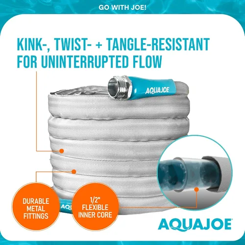 Vista 5 de Aqua Joe AJFJH50-PRX XTREME FIBERJACKET Manguera de jardín resistente a torceduras, accesorios de metal, 600 PSI máx, diámetro de 1/2 pulgada, 50