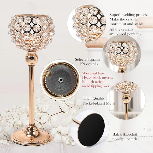 Vista 6 de Juego de 2 portavelas de cristal dorado con base de alta resistencia, portavelas con luces de té brillantes, decoración de mesa de comedor, centro