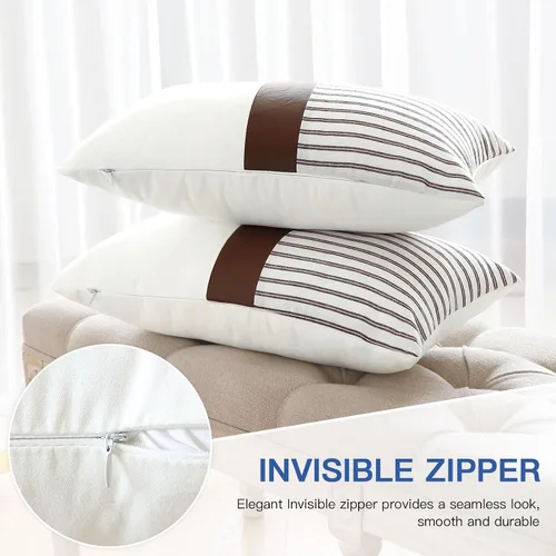 Vista 7 de OTOSTAR Juego de 2 fundas de almohada decorativas de granja de 12 x 20 pulgadas, fundas de almohada modernas de retazos de piel sintética a rayas