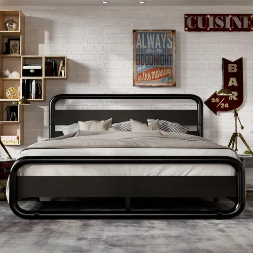Vista 8 de MUTICOR Base de cama de metal de tamaño matrimonial con cabecero y estribo de madera redondos/curvos, marco de cama de plataforma con almacenamiento