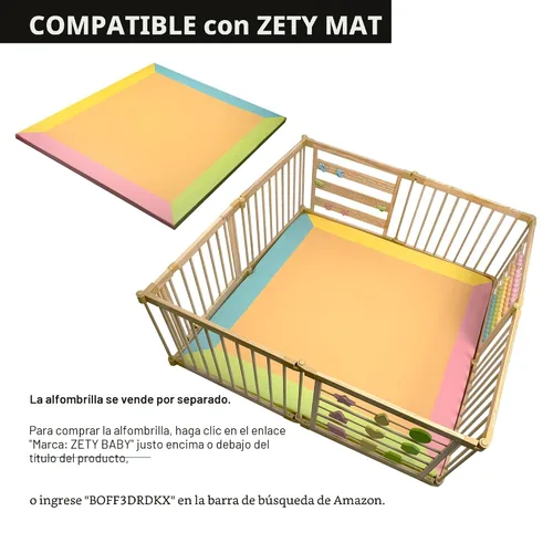 Vista 2 de ZETY - Corralito de madera natural para bebés, patio de juegos plegable de 8 o 10 paneles con panel de puerta y juguetes integrados, certificado CPC