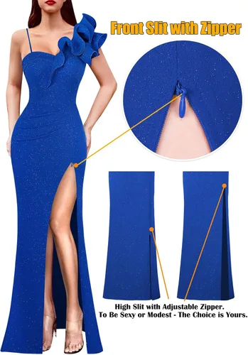 Vista 6 de VFSHOW Vestido largo con volantes y tirantes para mujer, fruncido, formal, para graduación, boda, cuello en V, elegante, dividido, cóctel, noche